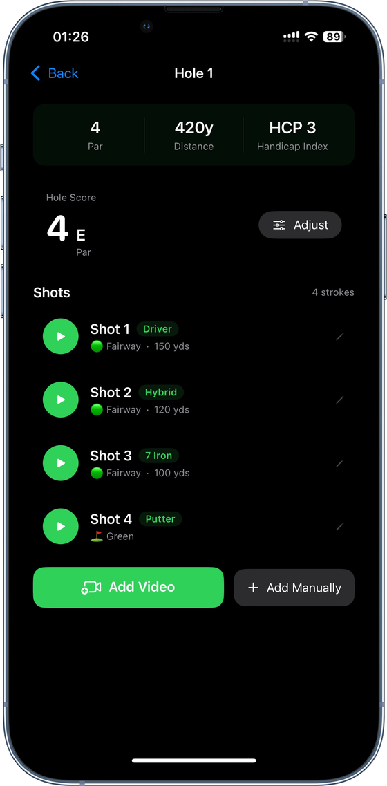 Every shot on a hole, organized and replayable